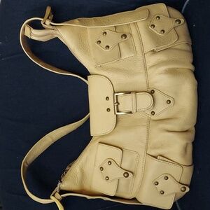 Aqua Madonna Tan Genuine Leather Buckle Studded Pocket Shoulder Bag